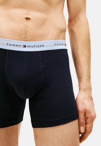 Boxer breves de algodón azul marino con una cintura azul clara que presenta el logo "TOMMY HILFIGER" y acentos en rojo, blanco y azul.