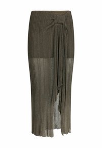Plisovaná midi sukně ve tmavě zelené metalické tkanině, s vysokým pasem a uvázanou mašlí vpředu a asymetric hemline.