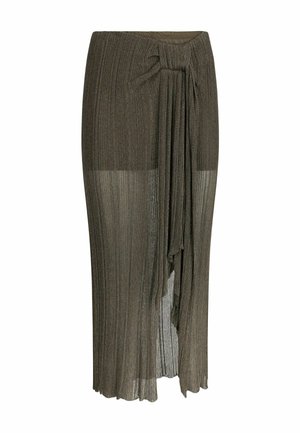 Pleated midi skirt in dark green metallic fabric, featuring a high waist with a tied bow detail at the front and an asymmetric hemline.