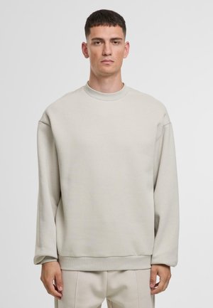 Svetlošedý sveter vyrobený z mäkkého materiálu, s okrúhlym výstrihom, spadnutými ramenami a dlhými rukávmi s rebrovanými manžetami.