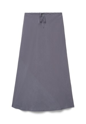 Grauer A-Linien-Rock mit elastischem Bund und vorne gebundenem Kordelzug, auf weißem Hintergrund dargestellt.