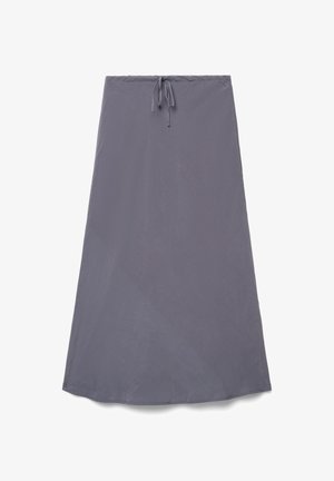 Jupe grise en ligne A avec une taille élastique et un cordon noué à l'avant, présentée sur un fond blanc.