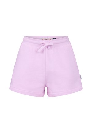 Lichtpaarse katoenen korte broek met elastische tailleband en strikkoord, voorzien van een klein merketiket aan de rechter zijnnaad.
