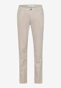 Beige cotton pants with a straight cut, five-pocket design, and button closure. Smooth texture and crisp finish with a subtle sheen.