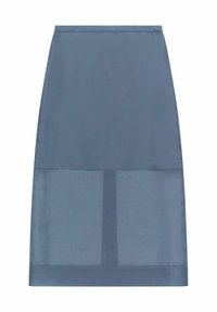 Blå, knälång kjol gjord av mjukt, lätt material med en genomskinlig nederdel och en enkel, rak design. Inga synliga knäppningar.