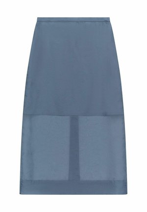 Jupe bleue, longueur genoux, fabriquée en tissu léger et lisse avec un panneau inférieur transparent et un design simple et droit. Pas de fermetures visibles.