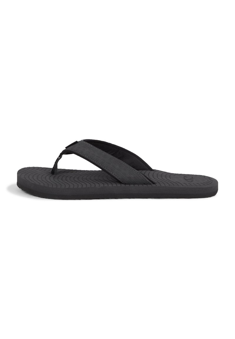 Black flip-flop with ribbed rubber sole and textured straps. Designed with a flat footbed and thin thong silhouette. No additional accents.