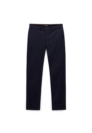 Navy blue straight-leg trousers with front button closure, side pockets, belt loops, and a small brand tag on the right pocket.