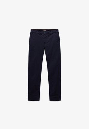 Navy blue straight-leg trousers with front button closure, side pockets, belt loops, and a small brand tag on the right pocket.