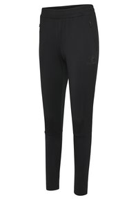 Svarta träningsbyxor i stretchmaterial, med en tapered design, elastisk midja och sidofickor med dragkedja. Logotyp i diskret svart.