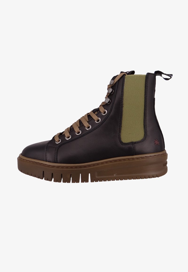 Black leather ankle boot with olive green elastic side panels, brown rugged sole, and beige laces. Features silver eyelets and a logo accent.