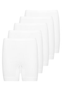Pack of five white cotton shorts, featuring a smooth texture, mid-thigh length, and elastic waistband with a rounded cutout.