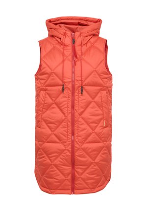 Kurtka o kroju kamizelki w kolorze pomarańczowym z pikowanym wzorem, z kapturem, z zapięciem na suwak z przodu, z regulowanymi sznurkami oraz bocznymi kieszeniami. Wykonana z lekkiego, ocieplanego materiału.