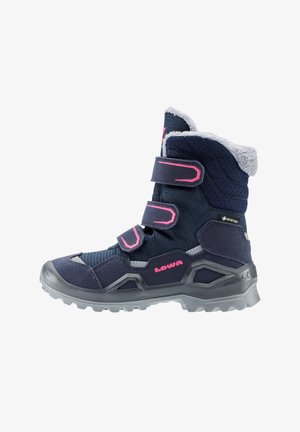 Marineblauwe winterlaarzen voor kinderen met roze accenten, synthetisch bovenwerk, zachte voering, verstelbare klittenbandsluitingen en een gestructureerde rubberen zool.