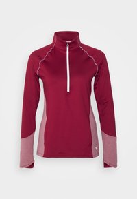 Långärmad topp med dragkedja i mörkröd färg och ljusgrå sidopaneler. Har kontrasterande sömmar och ett mjukt, elastiskt material.