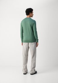 Groene langemouwtop met een ronde halslijn, gecombineerd met lichtgrijze broek en zwarte schoenen. Gladde textuur, getailleerd ontwerp en een eenvoudige stijl.