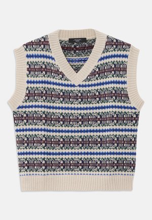 Knit sleeveless sweater featuring a V-neck, beige base color, and a multicolored pattern with blue, green, and burgundy horizontal stripes.