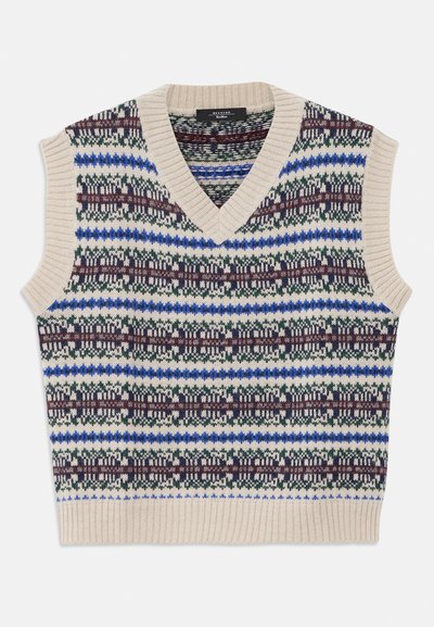 Knit sleeveless sweater featuring a V-neck, beige base color, and a multicolored pattern with blue, green, and burgundy horizontal stripes.