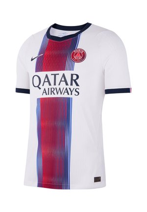 White Paris Saint-Germain soccer jersey with red and blue vertical stripes, Qatar Airways sponsor logo, and black Nike swoosh on front.