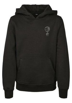 Sort hættebluse lavet af blødt stof, med en frontlomme, ribbede manchetter og et hvidt grafisk motiv af en hånd, der holder en basketball.