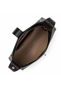 Borsa a tracolla nera e grigia con esterno testurizzato, manici doppi, zip dorata e un ampio interno marrone con tasche a scomparsa.