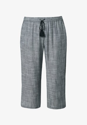 Pantaloni corti grigi con sottili righe verticali bianche, vita elasticizzata e coulisse nera con nappine davanti.