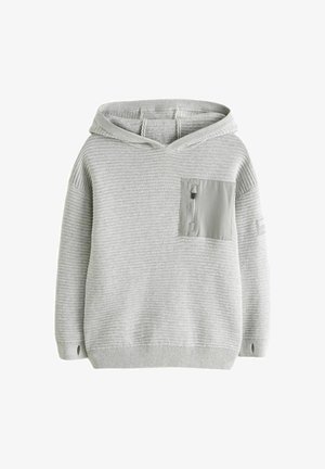Szara, prążkowana bluza z kapturem z teksturowanej tkaniny, z przednią kieszenią na zamek błyskawiczny oraz ściągaczami przy mankietach i dolnym wykończeniu.