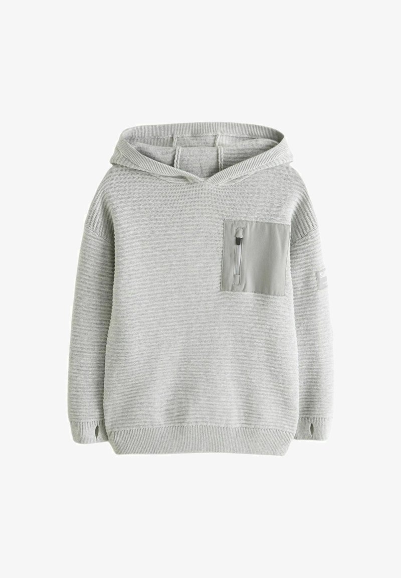 Gråstripet hættetrøje i tekstureret stof med en frontlomme med lynlås og ribstrikkede manchetter og kant.