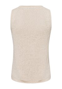 Top tank in maglia beige con scollo rotondo. Tessuto testurizzato con vestibilità ampia, senza cuciture visibili e orlo curvo nella parte inferiore.