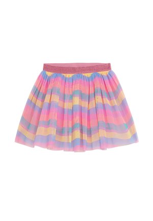 Gebürsteter Tüllrock mit horizontalen Streifen in Pink, Gelb und Blau, mit glitzerndem pinken Taillenbund und geschichtetem Volumentextur.