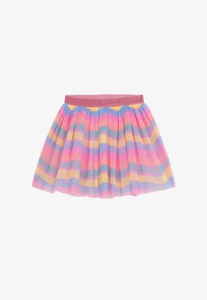 Brushed tulle skirt with pink, yellow, and blue horizontal stripes, featuring a glittery pink waistband and layered texture for volume.
