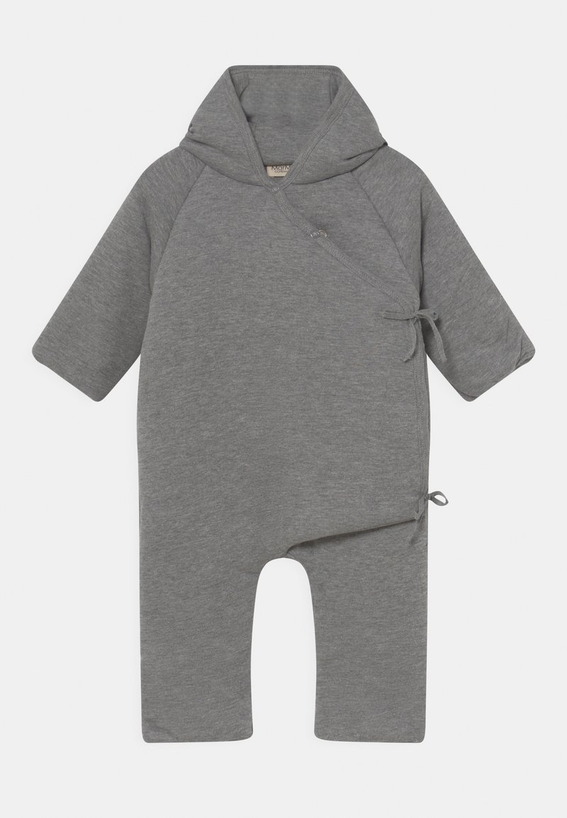 Grå bomullsbody med hette, omslagdesign, korte ermer og knyting foran for lukking. Glatt tekstur og avslappet stil.