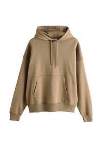 Béžová oversized mikina vyrobená z měkkého materiálu, s velkou přední kapsou, kapucí se stahovací šňůrkou a žebrovanými manžetami a lemem.