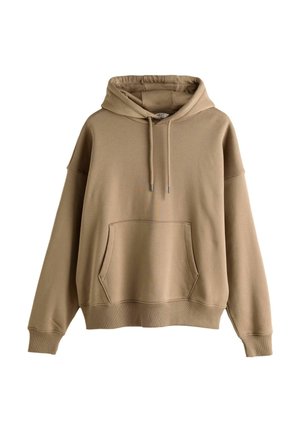 Felpa oversize beige realizzata in materiale morbido, con una grande tasca frontale, cappuccio con lacci e polsini e orlo a costine.
