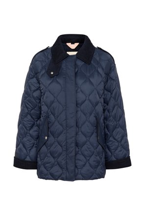 Marineblau gesteppte Jacke mit einem Cordkragen. Verfügt über Seitentaschen, Druckknopfverschlüsse und einen entspannten Schnitt. Strukturierter Stoff mit Rautenmuster.