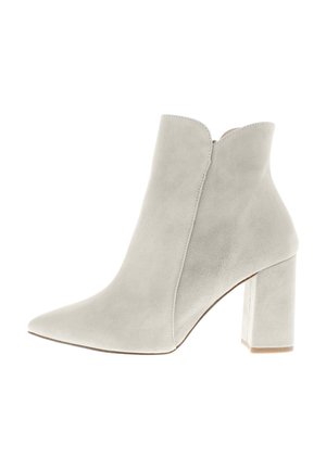 Light gray suede women's ankle boot with pointed toe and block heel, side zipper closure.