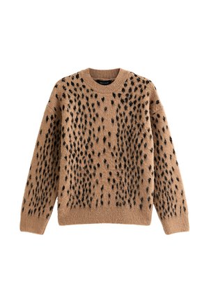 Bruine trui met een textuur van zwarte spikkels, een geribbelde halslijn en een comfortabele pasvorm. Gemaakt van een zachte gebreide stof.