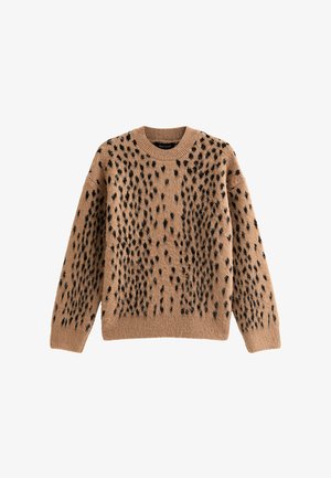 Bruine trui met een textuur van zwarte spikkels, een geribbelde halslijn en een comfortabele pasvorm. Gemaakt van een zachte gebreide stof.