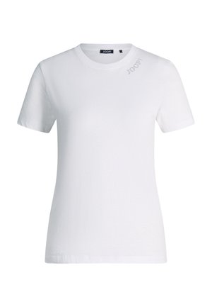 Weißes kurzärmeliges T-Shirt mit Rundhalsausschnitt und kleinem "JOOP!" Logo am linken Schulterkragen.