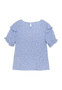 Ljusblå blommig blus med korta volangärmar, rund halsringning och nyckelhål baktill. Har små vita blommor och en mjuk textur.