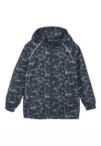Marinblå regnjacka med dinosauriemönster, med dragkedja fram, huva, elastiska ärmslut och ett lätt, vattenavvisande material.