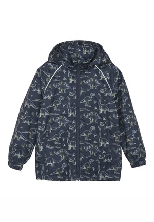 Marineblaue Regenjacke mit Dinosaurierdruck, ausgestattet mit einem Reißverschluss vorne, Kapuze, elastischen Bündchen und einem leichten, wasserabweisenden Material.