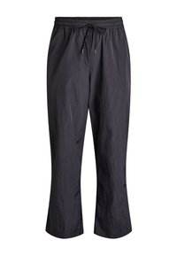 Schwarze, leichte Hose mit Tunnelzugbund, verkürzter Länge und glatter, leicht gekräuselter Oberfläche. Keine sichtbaren Muster oder Akzente.