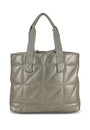 Grijze gewatteerde leren totebag met twee brede stoffen handvatten en een rechthoekige vorm.