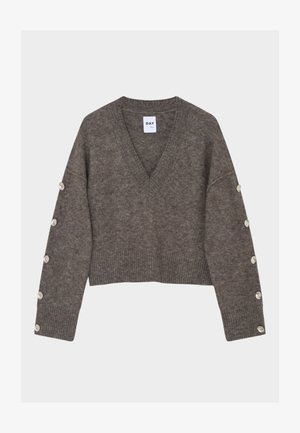 Brązowy wełniany sweter z dekoltem w serek i długimi rękawami, ozdobiony sześcioma guzikami przy mankietach oraz ściągaczem u dołu. Krótki fason.