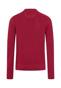 Maglione rosso lavorato a maglia con maniche lunghe, scollatura tonda, sottile texture a coste e orli e fermi rifiniti. Vista posteriore mostrata.