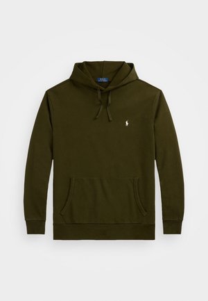 Olivově zelená mikina s kapucí, přední kapsou na zip typu klokanka a malým bílým logem Polo Ralph Lauren na levé straně hrudi.