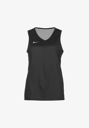 Schwarzes ärmelloses Sporttop aus atmungsaktivem Material mit V-Ausschnitt und Netzfutter. Weißes Nike-Logo auf der linken Brust.