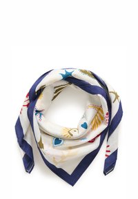 Bijeli šal s šarenim morskim uzorcima u plavoj, roza i zlatnoj boji. Tamnoplavi rub, lagana tkanina, trokutasti oblik i mekana tekstura.