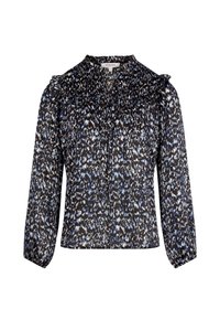 Schwarze Bluse mit einem blau-weißen abstrakten Muster, gerafftem Ausschnitt und langen Ärmeln. Leichter, strukturierter Stoff mit Rüschendetails.